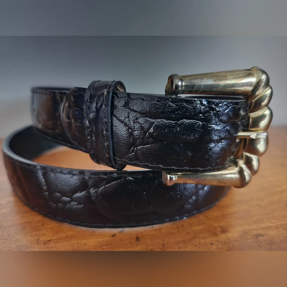 Mexico Dark Brown Faux Leather Textured Belt Gold Tone Metal Buckle